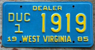 1985 Yellow Blue West Virginia Car Dealer [duc] License Plate