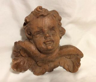 Rare Hand Carved Wooden Cherub Angel Putti Head