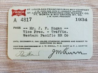 Vintage 1934 Frisco Lines St.  Louis - San Francisco Railway Company Pass