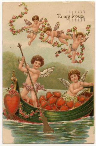 0121210 Lovely Vintage Valentine Postcard Cupid In Gondola Full Of Hearts 1911