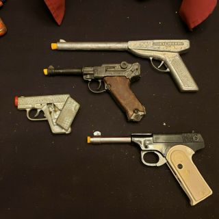 4 Vintage Pressed Metal,  Steel Play Guns - Luger - Dick - Kadet Target - Twin Tex
