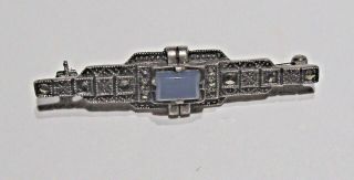 Vintage Art Deco Sterling Silver Blue Chalcedony & Marcasite Bar Pin Rare