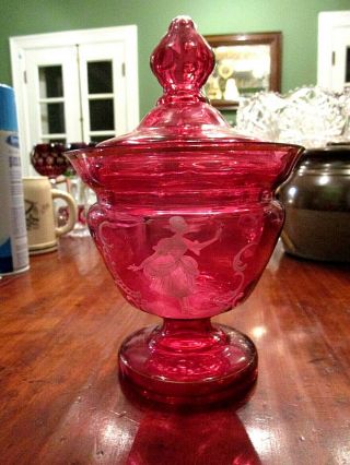 Vintage Antique Mary Gregory Painted Cranberry Glass Vase With Glass Cover