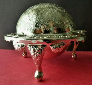 Vintage Silver Plated Queen Anne Roll Top Domed Butter Dish Made In England