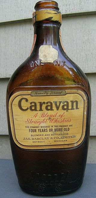 Vintage,  Caravan Whiskey Bottle.  1 Pint Bottle,  (empty) Detroit,  Michigan.  1940 