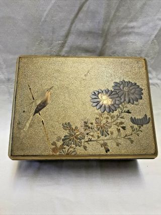 Vintage Japanese Makie Wood Gold Lacquer Box Flowers Bird