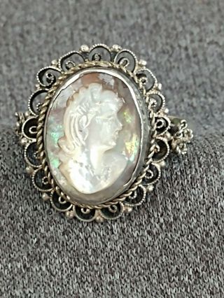 Antique Sterling Silver Filigree Carved Abalone Shell Cameo Ring Sz 7