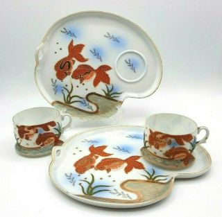 Set Of 2 Vintage Hand Painted Porcelain Orange Koi Snack Plates & Cups
