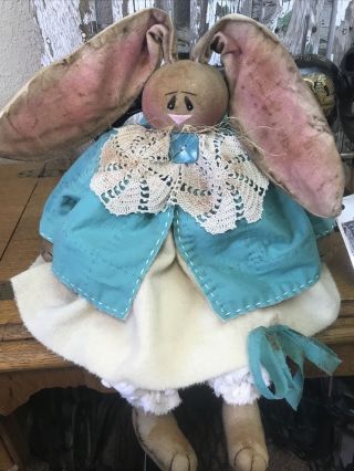 Primitive Bunny Rabbit Easter Valentine Doll,  Old Quilt,  Doily,  Folk Art Rabbit