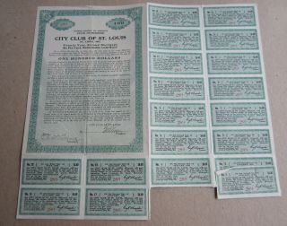 Old Vintage 1921 - City Club Of St.  Louis - Gold Bond Certificate - Missouri