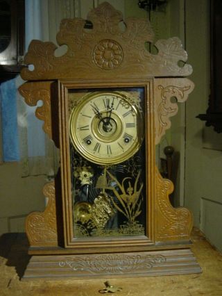 Antique Sessions 1900 Oak Eight Day Shelf Or Parlor Clock,  Alarm Well