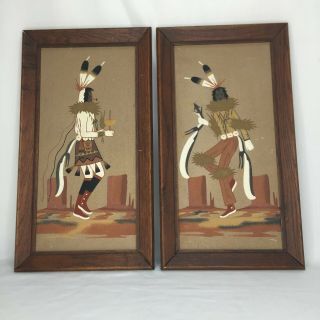Navajo Sand Paintings Yei Bi Chei Dancers Set Of 2 Framed Wall Art Vintage