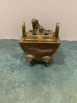 Vintage Heavy Walled Brass Lion Foo Dog Incense Burner Censor Pot W/lid 5 "