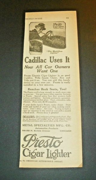 1924 Presto Cigar Lighter Cadillac Ad
