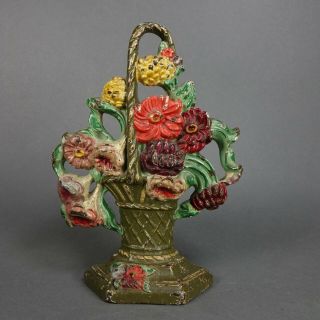 Antique Hubley Cast Iron Doorstop Garden Urn And Flowers Paint Art Deco
