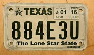 2016 Texas Motorcycle Cycle License Plate " 884 E3u " Tx 16 Lone Star State