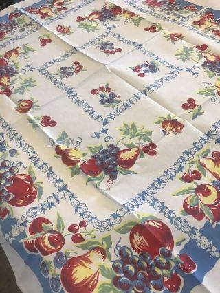 Vintage Printed Tablecloth Fruit - Apples Grapes Strawberries Cherries 42 X 38 "