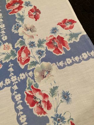 Vintage Mid Century Print Tablecloth Floral Red Blue 33 " X 30 1/2 "