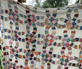 Quilt Top Hand Pieced Stitched Double Wedding Ring Queen 67 X 82 Flaw Vtg
