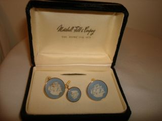 Vintage England Wedgwood Ship Blue White Jasperware Cufflinks & Tie Pin Set
