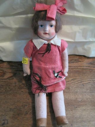 Antique Girl 15 " Doll Lenci Style Paper Mache Painted Face W/felt Sawdust Body