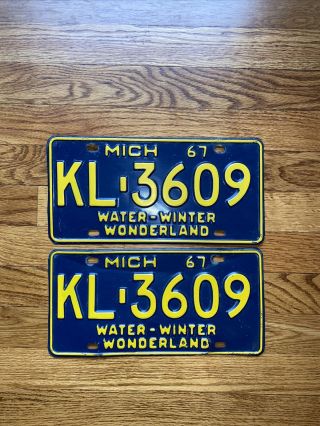 Vintage Pair 1967 Michigan License Plates Set Kl 3609 Water - Winter Wonderland.