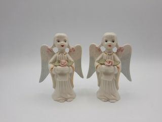Set Of 2 Vintage Cybis Porcelain Angels Holding A Rose & Scroll Figurines