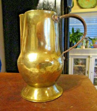 Antique Hand Forged Hammered Brass Tankard Pitcher With Copper Handle 7 " Tall