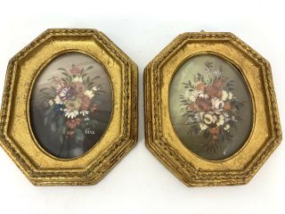 Vintage Pair Small Floral Oil Painting Gold Leaf Frames Tara Productions Italy