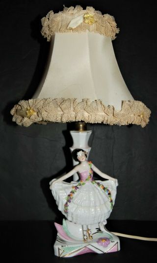 Antique 1920s German Art Deco Porcelain Figural Ballerina Lamp 12 ",  Shade