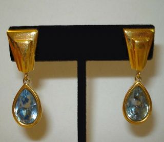 Vintage 1970s - Early 1980s Signed Monet Pierced Long Earrings Blue & Gold