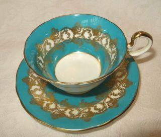 Vintage Aynsley England Bone China Turquoise Blue With Gold Cup & Saucer