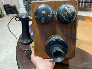 Antique 1913 American Tel & Tel Hand Crank Wooden Wall Telephone - Bell Rings