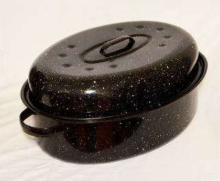 Vtg Black White Speckled Enamel 16 " Oval Roasting Pan With Lid