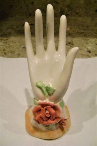 Vintage Ladies Porcelain Ceramic Hand Ring Jewelry Holder Display 6 " Roses L@@k