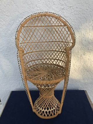 Vintage 18” Mini Peacock Chair Wicker Rattan Doll Plant Stand Boho