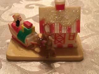 Vintage Hard Plastic Santa On Sleigh With Reindeer & House.  4 X 3”.  Hong Kong