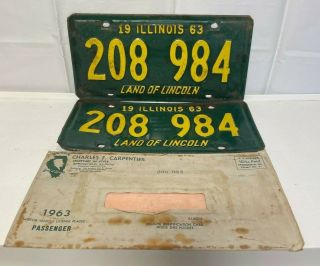 1963 Illinois License Plates Matched Pair W Envelope Mailer 208 984 Ford Chevy