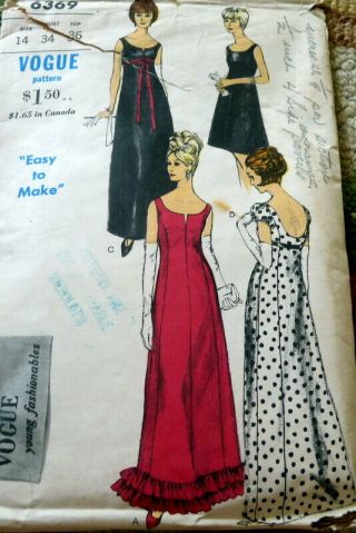 Lovely Vtg 1960s Evening Dress Vogue Sewing Pattern 14/34