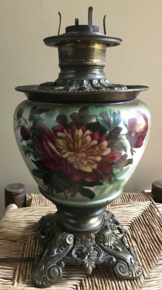 Antique Hand Painted Floral / Flowers Gwtw Oil Lamp Converted For Repair Restore