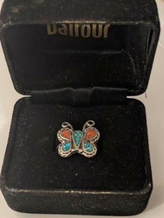 Vintage Old Pawn Sterling Silver Coral Turquoise Gem Inlay Butterfly Tribal Ring