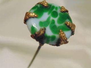 Antique Hat Pin Ornate Brass Crown Marbled Green Art Glass Stone Jewel 8,  " Long
