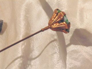 Antique Hat Pin Ornate Brass Crown Marbled Green Art Glass Stone Jewel 8,  