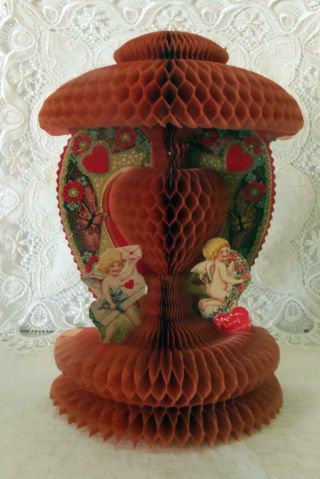 Vintage 9 1/2 " Usa Litho Stand Up Honeycomb Valentine; Cupids & Butterflies