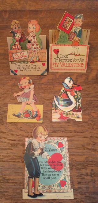 Vintage 5 Valentine Greeting Card Paper Movable 3 - D Children Cutout