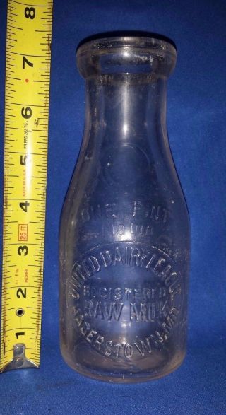 Scarce Antique United Dairy League One Pint Glass Raw Milk Bottle Hagerstown,  Md