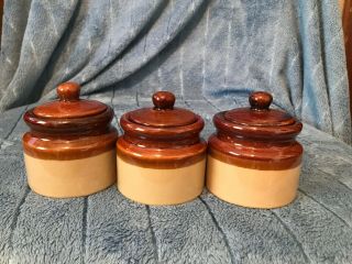 Set Of Three Small Vintage Ceramic Jar by ARMBEE San Francisco Brown on Tan 2
