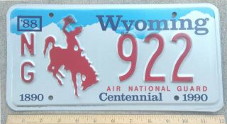 1988 Wy Wyoming Bucking Bronco Air National Guard License Plate 922 - Red -