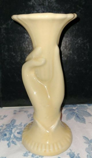 Vintage Art Pottery Yellow Glaze Figural Hand Holding Trumpet Bud Vase Usa