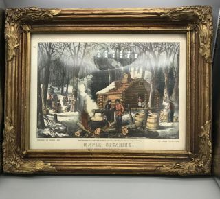 Vtg Framed Currier & Ives " Maple Sugaring " Early Spring In The Northern Woods